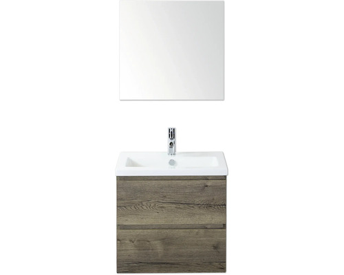 SANOX Badkamermeubelset Vogue tabacco 60 cm met twee lades incl. keramische wastafel met één kraangat en spiegel Wastafelcombinatie met spiegel, wastafel, kraan en onderkast met twee lades