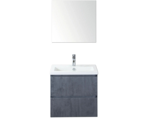 SANOX Badkamermeubelset Vogue beton antraciet 60 cm met twee lades incl. keramische wastafel met één kraangat en spiegel Wastafelcombinatie met spiegel en twee laden