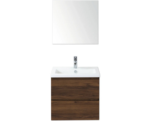 SANOX Badkamermeubelset Vogue walnoot 60 cm met twee lades incl. keramische wastafel met één kraangat en spiegel Wastafelmeubel met houten onderkast, wastafel, spiegel en kraan voor de badkamer