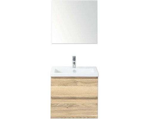 SANOX Badkamermeubelset Vogue grijs eiken 60 cm met twee lades incl. keramische wastafel met één kraangat en spiegel Wastafelonderkast met spiegel en twee laden