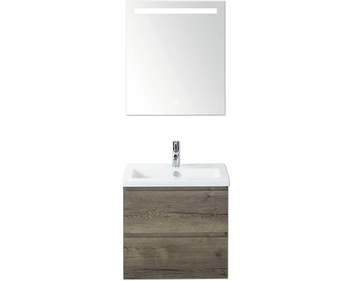 SANOX Badkamermeubelset Vogue tabacco 60 cm met twee lades incl. keramische wastafel met één kraangat en spiegel met verlichting Wastafelcombinatie met spiegel en houten decor