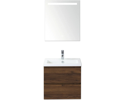 SANOX Badkamermeubelset Vogue walnoot 60 cm met twee lades incl. keramische wastafel met één kraangat en spiegel met verlichting Wastafelcombinatie met spiegel en onderkast in houtlook