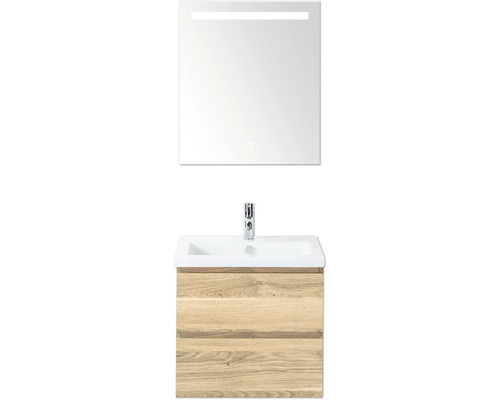 SANOX Badkamermeubelset Vogue grijs eiken 60 cm met twee lades incl. keramische wastafel met één kraangat en spiegel met verlichting Wastafelcombinatie met spiegel en onderkast in de badkamer