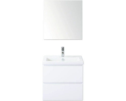 SANOX Badkamermeubelset Vogue hoogglans wit 60 cm met twee lades incl. keramische wastafel met één kraangat en spiegelkast Wastafelmeubel met spiegel en twee lades