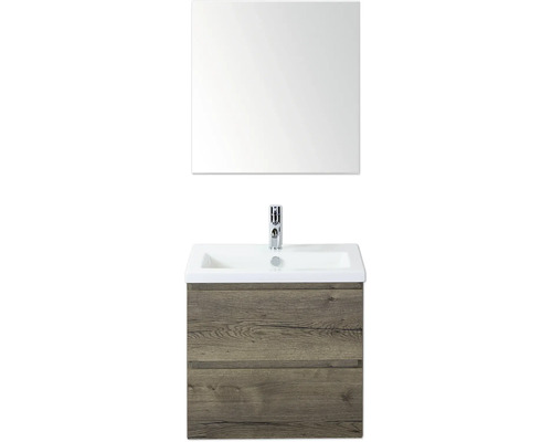 SANOX Badkamermeubelset Vogue tabacco 60 cm met twee lades incl. keramische wastafel met één kraangat en spiegelkast Wastafelmeubel met spiegel, onderkast met twee laden en kraan