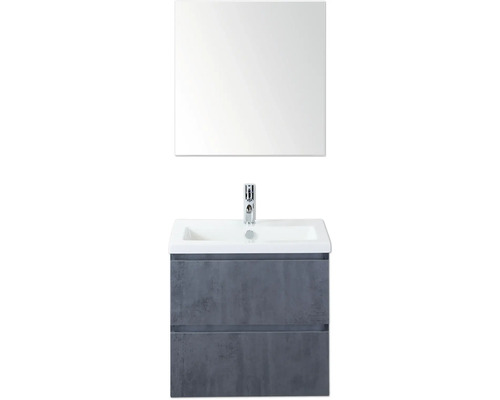 SANOX Badkamermeubelset Vogue beton antraciet 60 cm met twee lades incl. keramische wastafel met één kraangat en spiegelkast Wastafelonderkast met wastafel en spiegel voor de badkamer