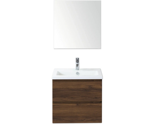 SANOX Badkamermeubelset Vogue walnoot 60 cm met twee lades incl. keramische wastafel met één kraangat en spiegelkast Wastafel met onderkast, wasbak, kraan en spiegel