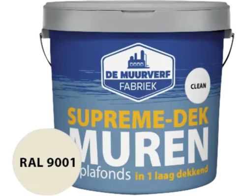 DE MUURVERFFABRIEK Supreme-dek Clean muurverf RAL 9001 10 l Verfemmer met muurverf, opschrift Supreme-Dek Muren, RAL 9001