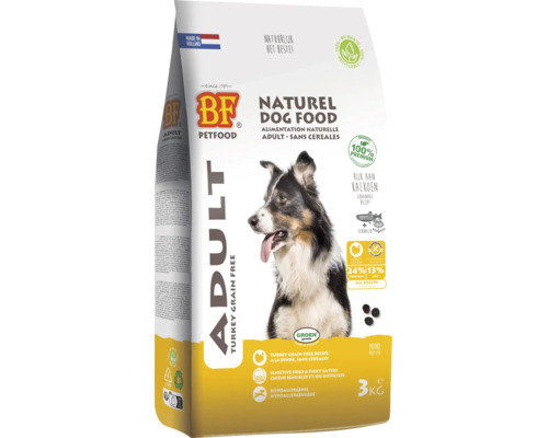 BIOFOOD Hondenvoer Adult graanvrij kalkoen 3+1 kg BF Petfood Adult hondenvoer met kalkoen, graanvrije recept in een verpakking van 3 kilogram