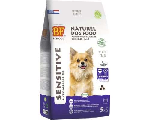 BIOFOOD Hondenvoer sensitive hypoallergeen 5 kg Verpakking honden droogvoer voor gevoelige honden, met verse zalm