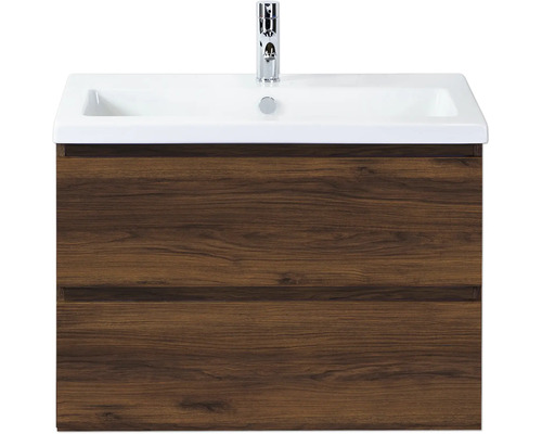 SANOX Badkamermeubelset Vogue walnoot 80 cm met twee lades incl. keramische wastafel met één kraangat Wastafelonderkast met twee lades en opzetwastafel