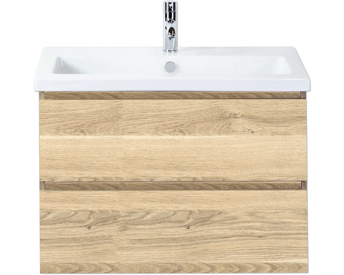 SANOX Badkamermeubelset Vogue grijs eiken 80 cm met twee lades incl. keramische wastafel met één kraangat Wastafelmeubel met twee laden en opzetwastafel