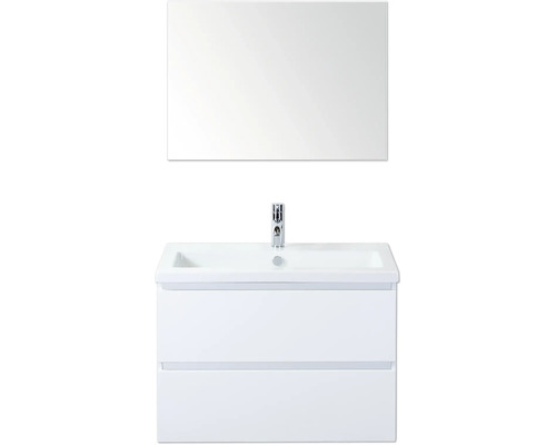 SANOX Badkamermeubelset Vogue hoogglans wit 80 cm met twee lades incl. keramische wastafel met één kraangat en spiegel Wastafelmeubel met twee laden, opzetwastafel en spiegel