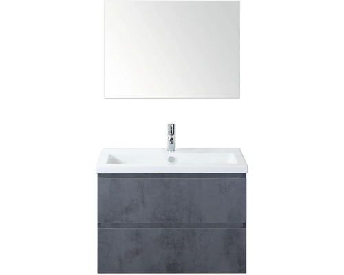 SANOX Badkamermeubelset Vogue beton antraciet 80 cm met twee lades incl. keramische wastafel met één kraangat en spiegel Wastafelmeubel met onderkast en spiegel voor de badkamer