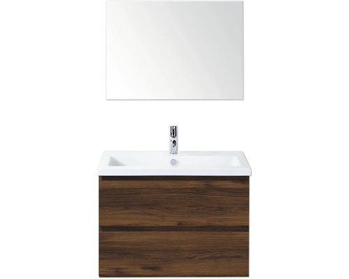 SANOX Badkamermeubelset Vogue walnoot 80 cm met twee lades incl. keramische wastafel met één kraangat en spiegel Wastafelmeubel met spiegel, wastafel en onderkast met twee laden