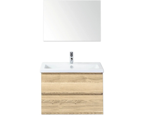 SANOX Badkamermeubelset Vogue grijs eiken 80 cm met twee lades incl. keramische wastafel met één kraangat en spiegel Wastafel met onderkast en spiegel voor de badkamer