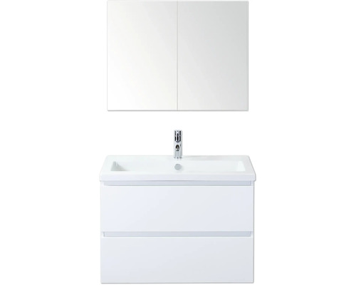 SANOX Badkamermeubelset Vogue hoogglans wit 80 cm met twee lades incl. keramische wastafel met één kraangat en spiegelkast Wastafelmeubel met wastafel, kraan en spiegelkast