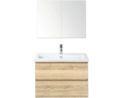 SANOX Badkamermeubelset Vogue grijs eiken 80 cm met twee lades incl. keramische wastafel met één kraangat en spiegelkast Wastafel met onderkast en spiegelkast voor de badkamer