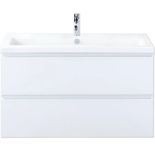 Witte wastafelonderkast met twee laden en opzetwastafel met kraan