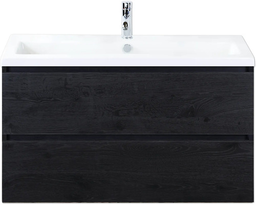 SANOX Badkamermeubelset Vogue black oak 100 cm met twee lades incl. keramische wastafel met één kraangat Wastafelonderkast met twee lades en opzetwastafel