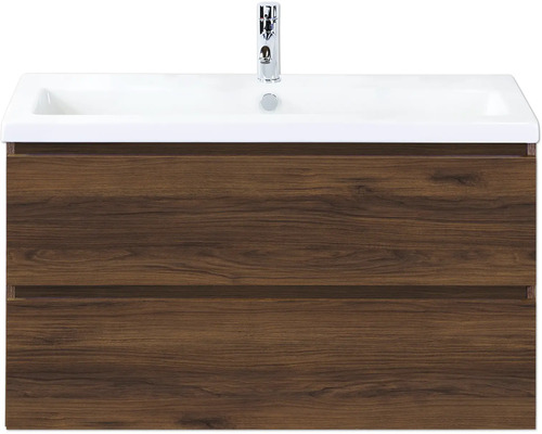 SANOX Badkamermeubelset Vogue walnoot 100 cm met twee lades incl. keramische wastafel met één kraangat Wastafelmeubel met twee laden en opzetwastafel