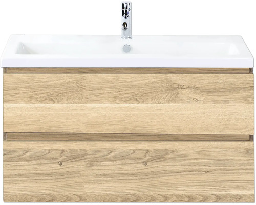 SANOX Badkamermeubelset Vogue grijs eiken 100 cm met twee lades incl. keramische wastafel met één kraangat Wastafelmeubel met onderkast en twee laden