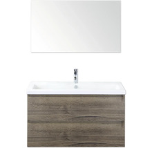 Wastafelmeubel met spiegel, houtlook en twee lades