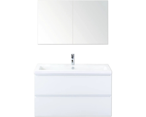 SANOX Badkamermeubelset Vogue hoogglans wit 100 cm met twee lades incl. keramische wastafel met één kraangat en spiegelkast Wastafelcombinatie met spiegelkast en twee laden