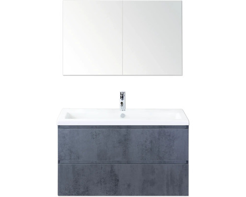 SANOX Badkamermeubelset Vogue beton antraciet 100 cm met twee lades incl. keramische wastafel met één kraangat en spiegelkast Wastafelcombinatie met onderkast, wastafel en spiegelkast