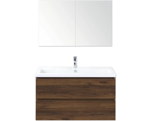 SANOX Badkamermeubelset Vogue walnoot 100 cm met twee lades incl. keramische wastafel met één kraangat en spiegelkast Wastafelcombinatie met spiegelkast en houten decor