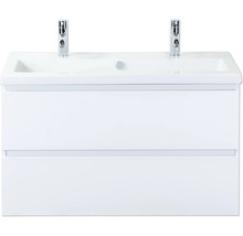 Wastafelonderkast met twee wastafels en kranen