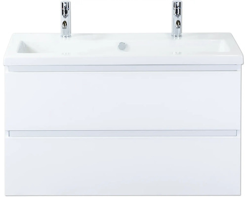 SANOX Badkamermeubelset Vogue hoogglans wit 100 cm met twee lades incl. keramische wastafel met twee kraangaten Wastafelonderkast met twee wastafels en kranen