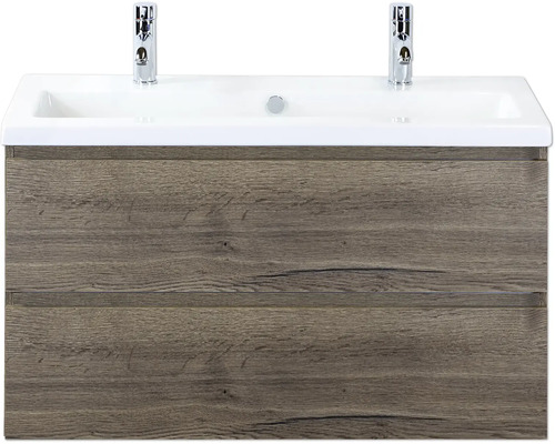 SANOX Badkamermeubelset Vogue tabacco 100 cm met twee lades incl. keramische wastafel met twee kraangaten Wastafelonderkast met twee laden en wastafel