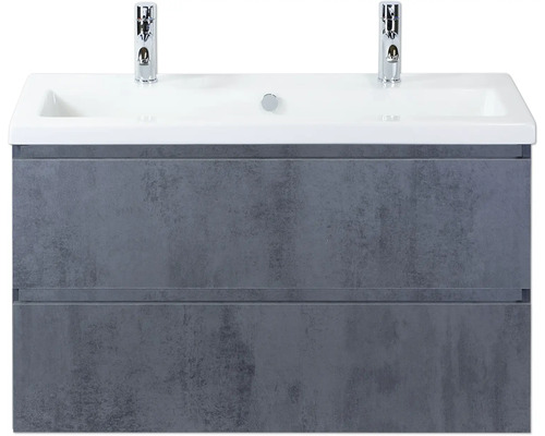 SANOX Badkamermeubelset Vogue beton antraciet 100 cm met twee lades incl. keramische wastafel met twee kraangaten Wastafelonderkast met twee laden, wastafel en kranen