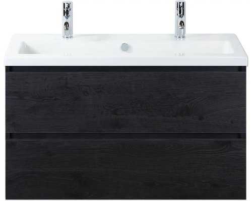 SANOX Badkamermeubelset Vogue black oak 100 cm met twee lades incl. keramische wastafel met twee kraangaten Wastafelonderkast met twee laden, wastafel en kranen