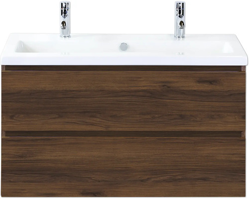 SANOX Badkamermeubelset Vogue walnoot 100 cm met twee lades incl. keramische wastafel met twee kraangaten Wastafelmeubel met twee laden en armaturen