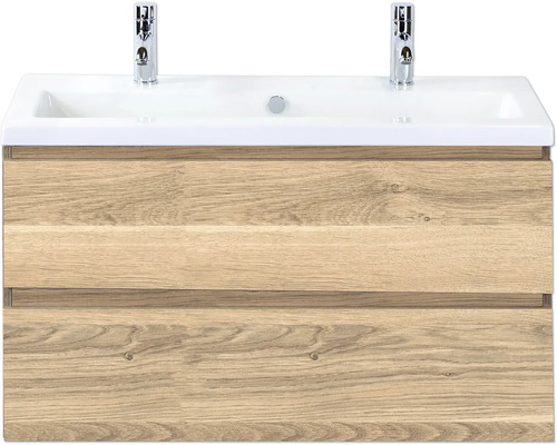 SANOX Badkamermeubelset Vogue grijs eiken 100 cm met twee lades incl. keramische wastafel met twee kraangaten Wastafelonderkast met twee lades en opzetwastafel