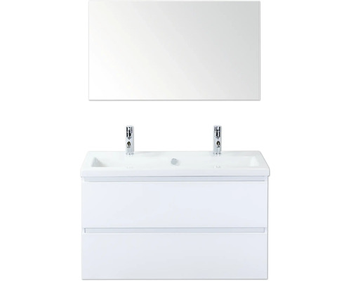 SANOX Badkamermeubelset Vogue hoogglans wit 100 cm met twee lades incl. keramische wastafel met twee kraangaten en spiegel Wastafelmeubel met dubbele wasbak, onderkast en spiegel voor de badkamer