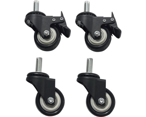 Vier meubelwielen, waarvan twee met rem, met draadeinden voor bevestiging