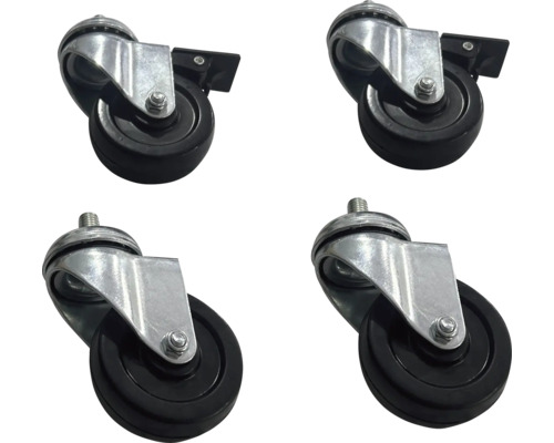 Vier meubelwielen met draadstift en parkeerrem