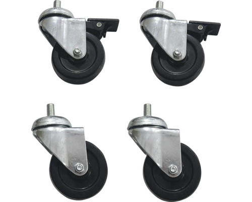 Vier zwenkwielen met schroefdraad, wieldiameter ongeveer 50 millimeter