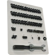 Assortiment bevestigingsmaterialen met sleutel in een plastic verpakking