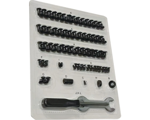 Assortiment bevestigingsmaterialen met sleutel in een plastic verpakking