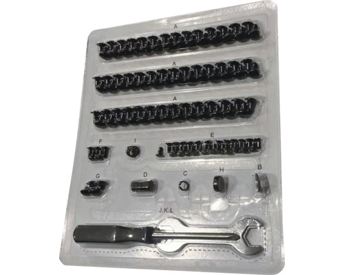 Assortiment met schroeven, moeren en sleutel in kunststof verpakking