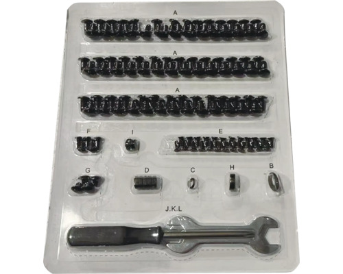 Assortiment met schroeven, moeren en schroefsleutel in plastic verpakking