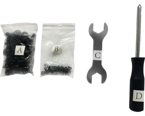 Set met kunststof klinknagels, schroeven, moersleutel en schroevendraaier