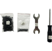 Bevestigingsmateriaal en gereedschap: schroeven, moersleutel en schroevendraaier