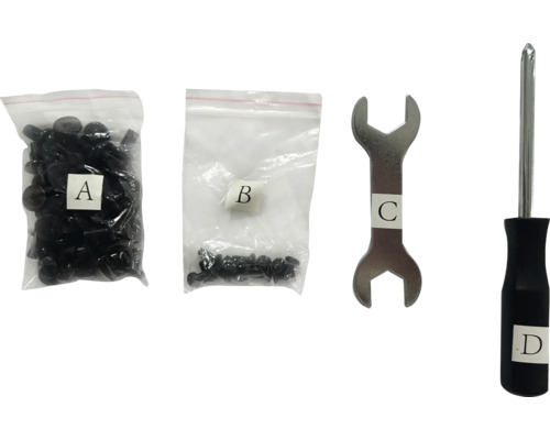 Bevestigingsmateriaal en gereedschap: schroeven, moersleutel en schroevendraaier