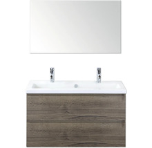 Wastafelmeubel met twee waskommen, spiegel en houten onderkast