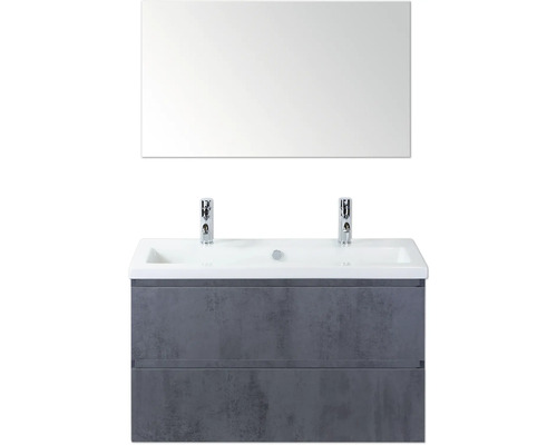 SANOX Badkamermeubelset Vogue beton antraciet 100 cm met twee lades incl. keramische wastafel met twee kraangaten en spiegel Wastafelmeubel met dubbele wastafel, onderkast en spiegel voor de badkamer